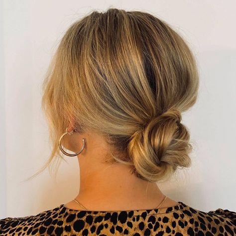 Loose Upstyles For Medium Hair, Low Pony Updo Medium Hair, Bridesmaid Low Bun Short Hair, Elegant Mid Length Hair Hairstyles, Low Updo Wedding Guest Hair, Simple Mid Length Updo, Mid Length Fine Hair Updo, Low Bun Wedding Hair Minimal, Casual Low Updo