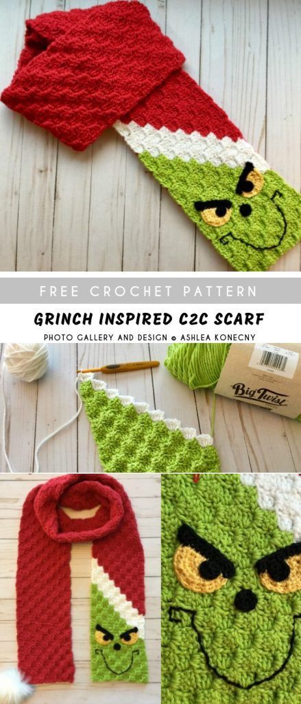 Grinch Inspired C2C Crochet Scarf with Free Pattern | Pattern Center Christmas Scarf Pattern, Crochet Kids Scarf, Kat Haken, Crochet Scarf Pattern Free, Pull Crochet, C2c Crochet, Kids Scarf, Haken Baby, Christmas Crochet Patterns