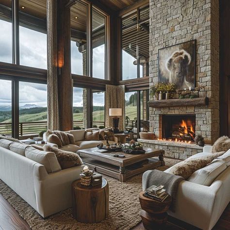 Discover the Art of Mountain Cabin Design and Interior Styling • 333k+ Inspiring Lifestyle Ideas Mountain Craftsman Interior Design, Classy Cabin Interior, Log Homes Interiors, Mountain Lodge Living Room, Luxury Mountain Homes Interiors, Mountain Homes Interiors, Lodge Interior Design, Mountain House Interior, Modern Mountain Cabin