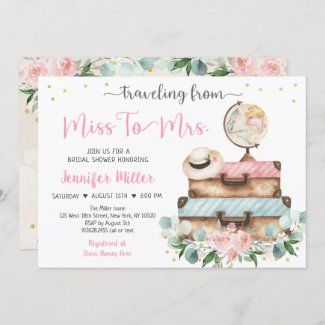 From Miss To Mrs Pink Floral Travel Bridal Shower Invitation This elegant bridal shower invitation features suitcases and a globe with pink watercolor florals and faux gold foil confetti. Traveling From Miss To Mrs, Travel Theme Bridal Shower, Travel Bridal Showers, Miss To Mrs, Grad Invitations, Elegant Bridal Shower, From Miss To Mrs, Pink Bridal Shower, Floral Bridal Shower Invitations