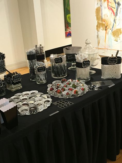 Black And White Candy Bar Ideas, Black And White Snack Table, Black Candy Table, Black And White 16th Birthday, Black And White Candy Table, Black And White Candy Bar, Black And Silver Party Theme, White Candy Table, White Candy Bar