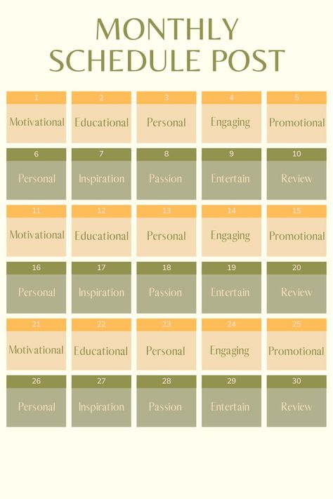 Monthly Idea Schedule Post for your Social Media platform with Yellow and Green Tone Posting Schedule, Facebook Engagement Posts, Social Media Posting Schedule, Facebook Engagement, Social Media Schedule, Green Tone, Media Platform, Grow Together, Green Tones