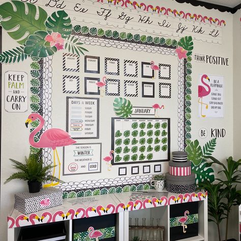 Pink Classroom Theme, Pink Classroom Decor, Flamingo Classroom, Garden Theme Classroom, Rainforest Classroom, Pink Classroom, Beach Classroom, Tropical Classroom, Core Decor