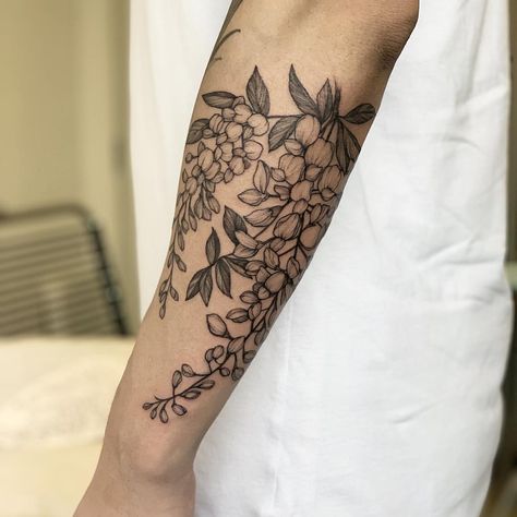 Japanese Wisteria symbolizing humility/humbleness, inspired by Russell’s Buddhist seal (of two branches of wisterias). Thank you so much!… Wisteria Tattoo, Botanical Sleeve, Lisa Tattoo, Japanese Wisteria, Snake Skeleton, Lilac Tattoo, Trident Tattoo, Flor Tattoo, Celestial Tattoo