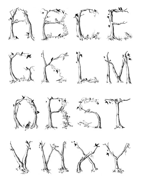 Bird Lettering, Tree Alphabet, Tree Alphabet Letters, Plant Letters, Bird Alphabet, Alphabet Tree, Nature Alphabet Letters, Tree Letters, Nature Lettering