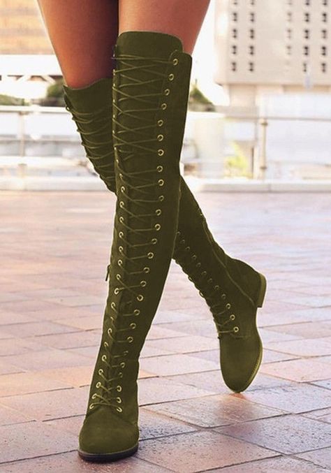 Grün Runder Zehe Chunky Reißverschluss Schnürung Flach Overknees Mode Damen Langschaft Stiefel Hak Tinggi, Heeled Lace Up Boots, Thigh High Boots Flat, Womens High Boots, High Boots Outfit, Flat Heel Boots, Stylish Boots, Zipper Boots, Winter Boots Women