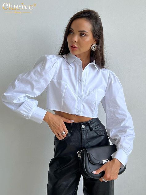 Clacive Fashion Woman Blouses 2022 Autumn Slim Lapel Long Sleeve Crop Shirts Ladies Streetwear White Ladies Streetwear, Woman Blouses, Blusas Crop Top, Office Shirt, The Office Shirts, Crop Top Shirts, Elegant Shirt, Crop Top Blouse, Fashion Woman