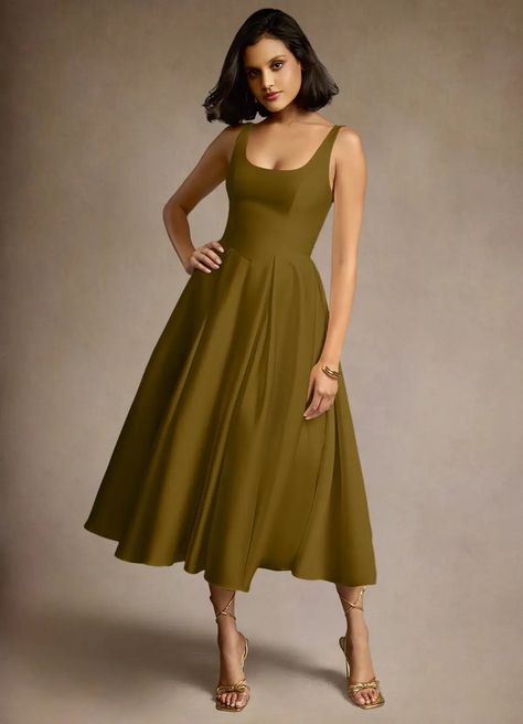 Olivia Moss Green Pleated Midi Dress Atelier Dresses | Azazie Office Dresses For Women Work Attire, Cream Formal Dresses, Semi Formal Wedding Attire, Classy Wedding Guest Dresses, Cocktail Attire For Women, Atelier Dress, Formal Wedding Attire, Forest Green Dresses, Wedding Outfits For Women