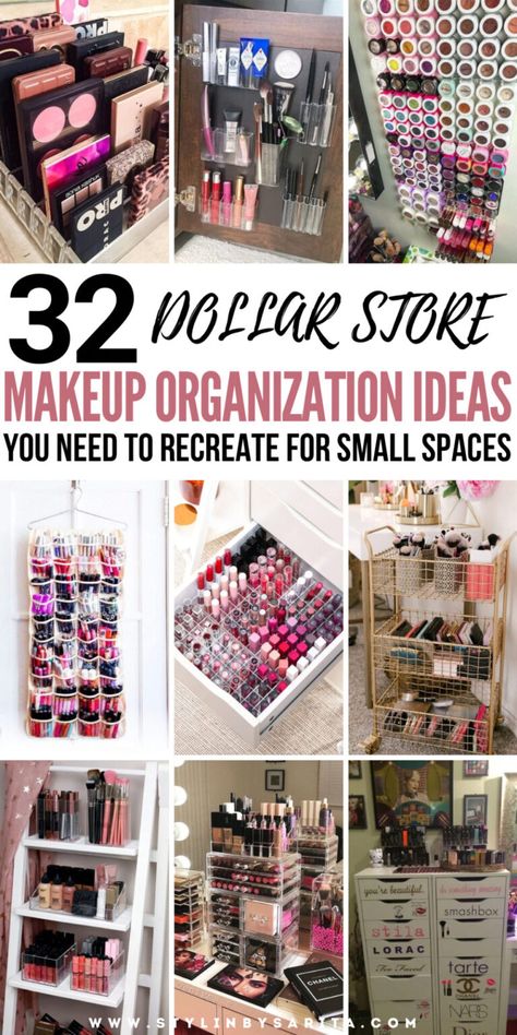 32 INSANELY CUTE MAKEUP ORGANIZATION IDEAS - Stylin by Sarita Organizing Ideas For Makeup Vanity, Collection Organization Ideas, Makeup Organizer Hacks, Vanity Organizing Ideas, Small Space Makeup Organization, Vanity Organization Ideas Bedroom, Makeup Storage For Small Spaces, Dollar Store Makeup Organization, Diy Makeup Storage Ideas