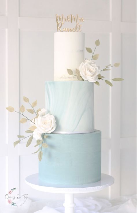 Ice Blue Wedding Cake, Sky Blue Wedding Cake, Wedding Cake Designs Blue, Ganache Wedding Cake, Dusty Blue Wedding Cake, Sage Green Marble, Proposal Cake, Seafoam Wedding, Light Blue Wedding Cake