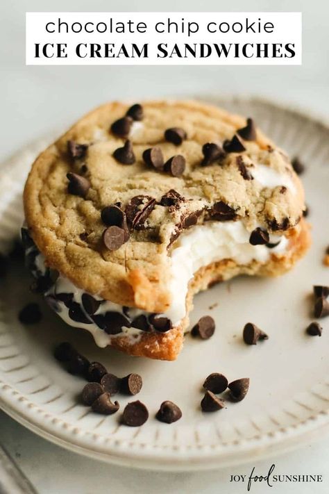 Chocolate Chip Cookie Ice Cream Sandwiches! In this recipe your favorite ice cream is sandwiched between two extra-soft, homemade chocolate chip cookies for a frozen treat that is better than a chipwich! Ice Cream Cookie Sandwich Recipe, Ice Cream Sandwich Dessert, Cookie Ice Cream Sandwiches, Homemade Ice Cream Sandwiches, Cookie Sandwich Recipes, Ice Cream Sandwiches Recipe, Cookie Ice Cream, Seasonal Eating, Homemade Chocolate Chips