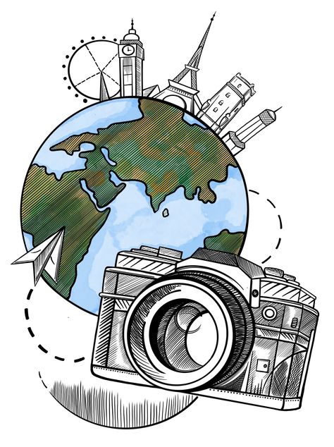 Camera Tattoo Design, Geography Project, Travel Doodles, Project Cover Page, Organizator Grafic, File Decoration Ideas, Cute Drawlings, Dreamy Artwork, Travel Drawing