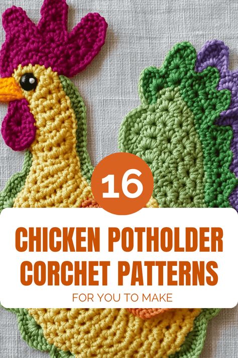 Easy Chicken Crochet Potholder Patterns Round Potholder Crochet Pattern Free, Free Crochet Patterns For Chickens, Crochet Chicken Pot Holder, Vintage Crochet Potholder Patterns Free, Free Crochet Pot Holder Patterns, Chicken Potholders Crochet Free Pattern, Chicken Pot Holders Crochet Free Pattern, Farm Crochet Patterns, Chicken Coasters Crochet