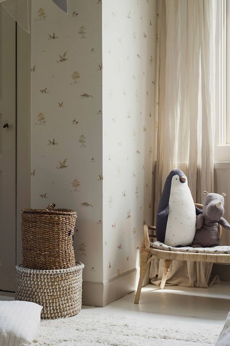 Tapet Little Fox, Boråstapeter x Newbie Colour Combinations Interior, Annie Sloan Paint Colors, Swedish Wallpaper, Neutral Kids Room, Checker Wallpaper, Neutral Wallpaper, Cushion Headboard, How To Hang Wallpaper, Jungle Wallpaper