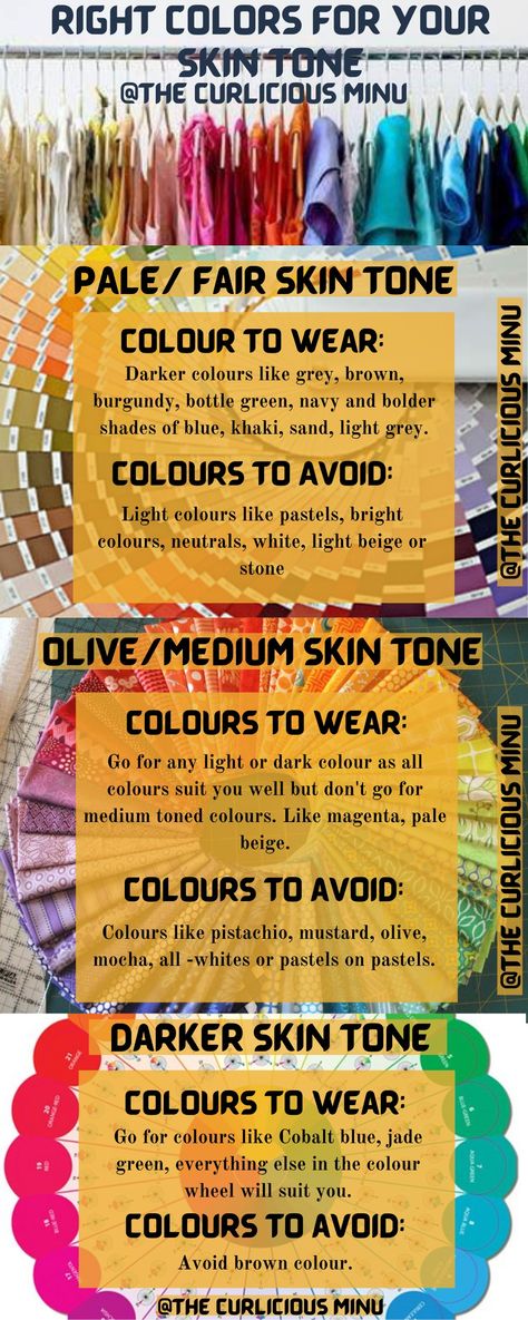 Right color for your skin tone. Dusky Skin Colour Palette, Color Palette For Dark Skin Tone, Warm Skin Tone Colors To Wear, How To Make Skin Fair, Fair Skin Colors To Wear, Fair Complexion Makeup, Colors That Look Good On Dark Skin, Skin Tone Chart Color Palettes, Clothes Color For Dark Skin Women