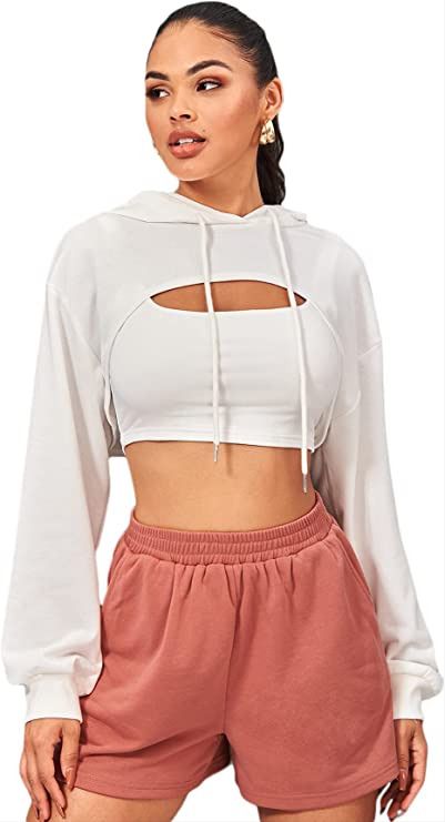 Sheln Women's Long Sleeve Drawstring Super Crop Top Hoodie, Drop Shoulder Ultra Cropped Pullover Top Super Cropped Shirt, Crop Top Ideas For Women, Crop Hoodies Womens, Crop Pullover Outfits, Long Sleeve Crop Top Outfits, Crop Top Hoodie Outfit, White Crop Top Hoodie, Long Sleeve Cropped Top Outfits, Cute Crop Top Outfits