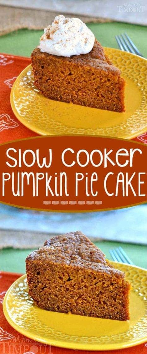 This Slow Cooker Pumpkin Pie Cake is sure to quickly become a family favorite. Moist, delicious and so wonderfully easy to prepare - straight from your slow cooker. // Mom On Timeout #pumpkin #cake #pie #Thanksgiving #Christmas #slowcooker #crockpot #dessert #recipe #momontimeout Slow Cooker Pumpkin Pie, Pumpkin Pie Cake, Weight Watcher Desserts, Mom On Timeout, Slow Cooker Pumpkin, Crock Pot Desserts, Slow Cooker Desserts, Low Carb Dessert, Pie Cake