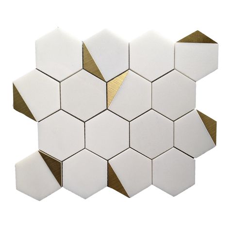 3" hexagon mosaic tile in premium Royal White marble from Turkey with brass gold metal accent. Hexagon tile with gold trim for backsplash, accent wall, accent niche, feature tile or border. White and gold backsplash. Royal White marble is a bright white marble quarried in Turkey. CHIP SIZE:﻿ 3" hexagons TILE SIZE: 11.75 x 10.25 in. White And Gold Backsplash, Gold Backsplash, Backsplash Accent Wall, Backsplash Accent, Entryway Tile, Gold Tile, Hexagon Mosaic Tile, Hexagon Tile, Wall Accent