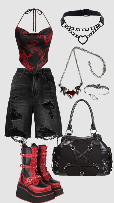 Red grunge Outfit Red Grunge Aesthetic Outfits, Red Grunge Outfit, Red Grunge Aesthetic, Red Grunge, Grunge Outfit, Aesthetic Red, Metal Clothing, Hot Outfits, Edgy Outfits