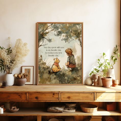 Winnie-The-Pooh Nursery Art, Nursery Decor, Nursery Quotes, Nursery Watercolor Art, Nursery Art, Winnie the Pooh Christopher Robin, Vintage A lovely watercolor print for your little one's nursery and beyond!  ⧫What You'll Receive⧫ 1 Original Digital Art Piece in 5 different size ratios. You'll receive 5 different high resolution files all at 300dpi with the following specifications and dimensions: ◗ 2:3 ratio - good for sizes (in inches) 4x6 | 6x9 | 8x12 | 10x15 | 12x18 | 16x24 | 20x30 | 24x36 ◗ Dr Seuss Themed Nursery, Winnie The Pooh Nursery Wallpaper, Nursery Ideas Pooh Bear, Vintage Pooh Bear Nursery, Old Winnie The Pooh Nursery, 100 Acre Woods Nursery, Classic Winnie The Pooh Nursery Ideas, Winnie The Pooh Color Palettes, Baby Nursery Winnie The Pooh