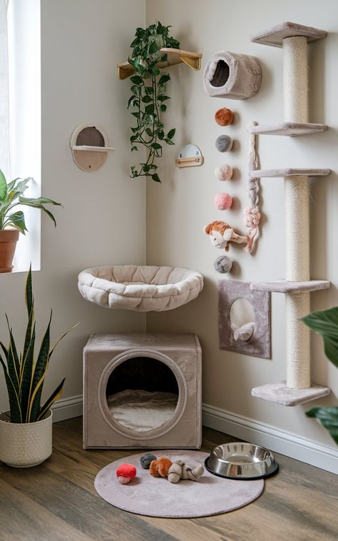 Kitty Area Ideas, Cat Tower In Bedroom, Cat Area Aesthetic, Cat Area In Basement, Pet Area In Bedroom, Apartment Decor With Cats, Cats Space Ideas, Catify Bedroom, Aesthetic Cat Play Area