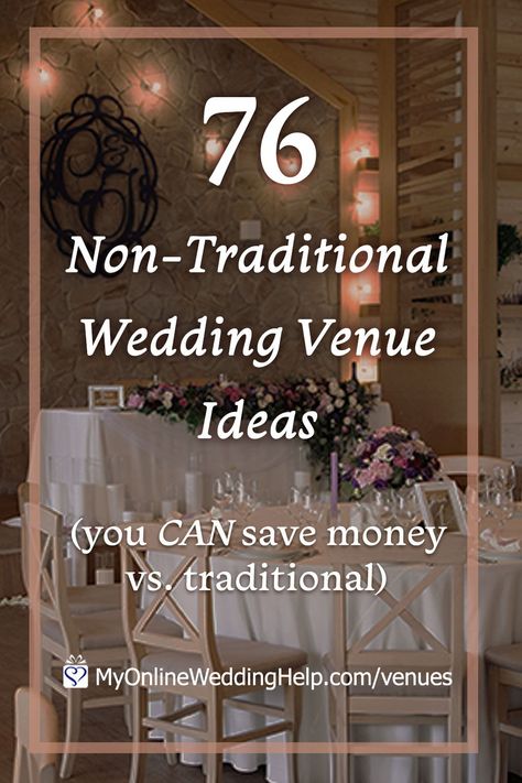 76 unique, non-traditional wedding venue ideas. Wedding venues don't have to be boring. And they can be easy on the wedding budget. Here is inspiration to get the ideas flowing. I love numbers 36 and 37 best because they ... See them all on the My Online Wedding Help blog. #WeddingVenues #WeddingIdeas #BudgetWedding #Weddings #NontraditionalWedding Unique Wedding Locations, Budget Wedding Venue, Wedding Venue Ideas, Alternative Wedding Venue, Wedding Reception Activities, Wedding Decorations Ideas, Wedding Venue Locations, Non Traditional Wedding, Candle Wedding Decor