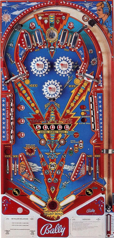 Pinball Playfield Art, Pinball Machine Art, Pin Ball Machine, Flipper Pinball, Coin Op Machine, Pinball Art, Six Million Dollar Man, Pinball Wizard, Arcade Game Machines