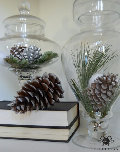 Apothecary Jar Decor, Jar Filler Ideas, Christmas Apothecary Jars, Jar Decorating Ideas, Apothecary Jar Ideas, Vase Filler Ideas, Apothecary Jars Decor, Jars Decor, Cloche Decor