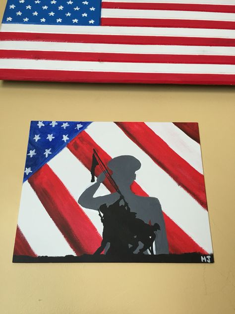 Painted this for my Veteran Marine's birthday. Silhouette of Iwo Jima Memorial and a Marine salute. Veterans Day Paintings On Canvas, Veterans Day Paintings, Veterans Day Drawing Ideas, Memorial Day Paintings, Memorial Day Window Painting, Veterans Paintings, Veteran's Day Art, Marines Painting, Dot Day Art Projects