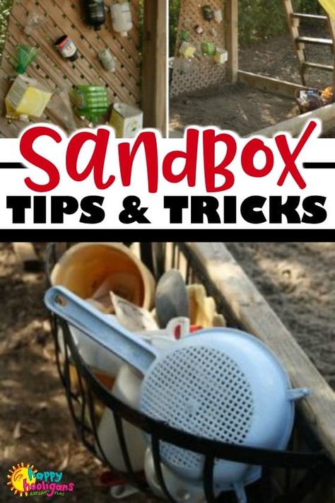 Transform your sandbox from ordinary to extraordinary with these easy sandbox tips and tricks! #HappyHooligans #Sandbox #SandPlay #Toddlers #Preschoolers #BackyardFun #SandboxIdeas #SandToys #SandToyStorage #PlayIdeas #OutdoorPlay Sandpit Ideas For Kids, Sandbox Toy Ideas, Sand Pit Ideas Play Areas Outdoor Spaces, Sandbox Play Ideas, Small Sandpit Ideas, Yard Toy Storage, Sandbox Under Deck, Cool Sandbox Ideas, Carport Toy Storage