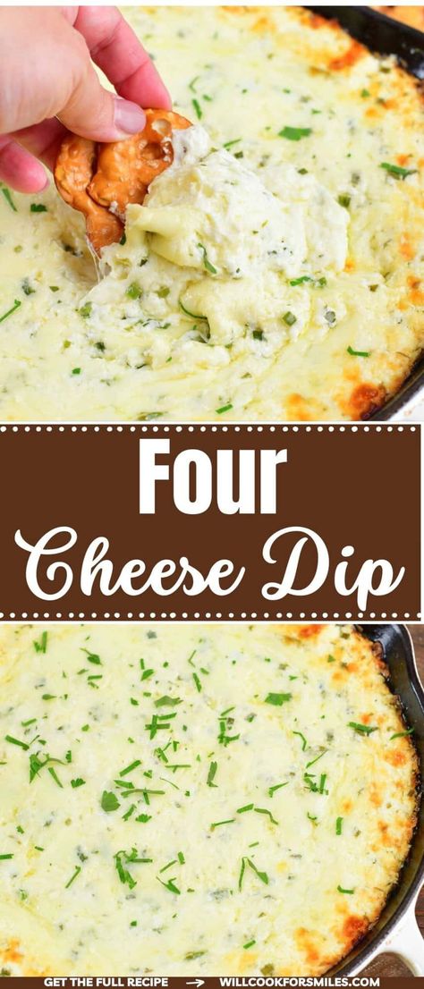 This easy Four Cheese Dip is smooth, creamy, and extra cheesy made with four different kinds of flavorful cheese! Fresh chives and parsley add just the right flavor to this rich and savory cheese dip. 5 Cheese Dip Recipes, 3 Cheese Dip Recipes, Dominoes Cheese Dip, Cheesy Dipping Sauce, Three Cheese Dip Recipes, Cheese Dip Recipes For Bread, Melted Cheese Dip Recipes, Hot Cheesy Dip Recipes, Baked Cream Cheese Dip Recipes