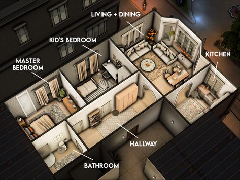 Sims 4 Floor Plans 1 Story, Sims 4 Apartment Remodel, The Sims 4 City Living, Sims 4apartment, Sims4 City Living Apartment, City Living Apartment Sims 4, Sims 4 City Living Apartments Layout, Sims 4 College Apartment, 20 Culpepper House Layout