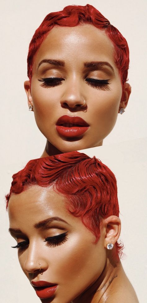 Tanya Henry Short Hair, Very Short Red Hair Pixie, S Waves Short Hair, Red Fingerwaves For Black Women, Women Waves Haircut, Cute Hairstyles With Beanies Short Hair, Pixie Haircut Fingerwaves, Burgundy Fingerwaves, Red Pixie Cut On Black Women