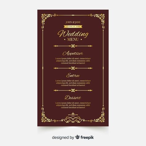 Wedding menu template Free Vector Premium Invitation Card Design, Royal Invitation, Kad Kahwin, Vintage Invitation, Food Videography, Hd Design, Menu Design Template, Vintage Menu, Wedding Menu Template