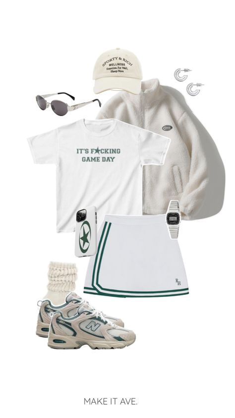 sporty chic, whiteout gameday outfit, green and white outfit, msu, Michigan state, Tulane, new balances, tennis skirt, baby tee, silver, sunglasses, jacket, watch, phone case, baseball hat White Hat Outfit, Green And White Outfit, Trendy Outfits Inspiration, New Balances, Silver Sunglasses, Evil Eyes, Gameday Outfit, Tennis Clothes, Sporty Chic