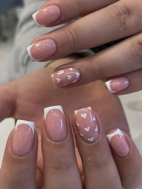 25 Classy Girl Short French Nails - Hairs Out of Place Square Nails Ideas White, Nail Inspo For Square Nails, S Size Nails, Short Gel Extension Nails Ideas, Designed French Tip Nails, Funky French Tip Nails Square, French Tip Acrylic Nails Heart, Back To Work Nails, Acrylic Nail French Tip With Design