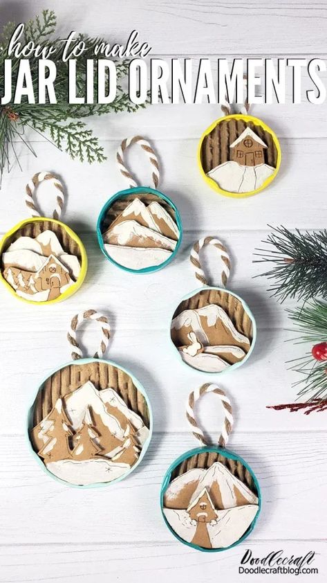 That's it! What do you think of these jar lid ornaments--don't you just love them? Do you have everything it takes to make these adorable little Winter scene Jar Lid Ornaments? So gather up used jar lids to recycle, hold on to those cardboard boxes, and grab a paint pen or some craft paint and make a bunch of jar lid ornaments for the holidays. Like, Pin and Share! Jar Lid Ornaments, Lid Ornaments, Jar Lid Crafts, Recycled Christmas Decorations, Mason Jar Lids Ornaments, Easy Christmas Ornaments, Apple Barrel, Handmade Christmas Tree, Craft Paint