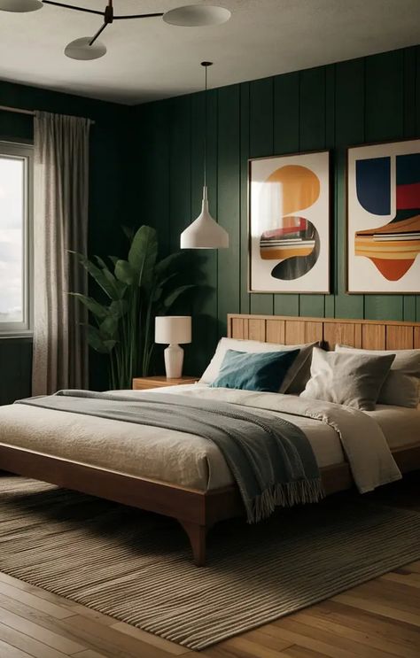 Mid Century Modern Mens Apartment, Eclectic Modern Interior Design, Mid Century Modern Color Palette Home, Modern Mid Century Design, Green Bedroom Mid Century, Mid Century Modern Bedroom Ideas Master, Mid Century Scandinavian Bedroom, Bedroom Inspirations Master Mid Century Modern, Mid Century Modern Master Bed