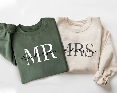 Personalized Mr & Mrs Family Name Sweatshirt, Bridal Party Outfit, Honeymoon Wedding Gifts For Couple, Custom Matching Wifey Hubby Hoodie HOW TO PLACE AN ORDER: -Carefully review all the photos. -Choose your Sweatshirt size from the dropdown menu. -Select your preferred Sweatshirt color from the options available. -The personalization box is exclusively for design color details; enter your chosen design or text color in the provided space (refer to images for choices), unless otherwise specified Mr And Mrs Wedding Gifts, Wedding Matching Sweats, Mr And Mrs Sweatshirts, Groomsmen Sweatshirt, Honeymoon Sweatshirt, Breakfast Outfit, Wedding Gifts For Couple, Wedding Sweatshirts, Name Sweatshirt