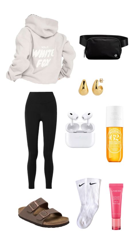 White Fox Hoodie, AirPods, gold hoop earrings, Arizona Birkenstocks, Lululemon Align Leggings, Lululemon belt bag, Sol De Janiero 62, Laneige Lip Balm Berry, Nike socks Cozy Hoodie Outfit, Birkenstock Arizona Outfit, Laneige Lip Balm, White Fox Hoodie, Nike Hoodie Outfit, Comfy School Outfits, Lululemon Belt Bag, Fox Hoodie, Align Leggings