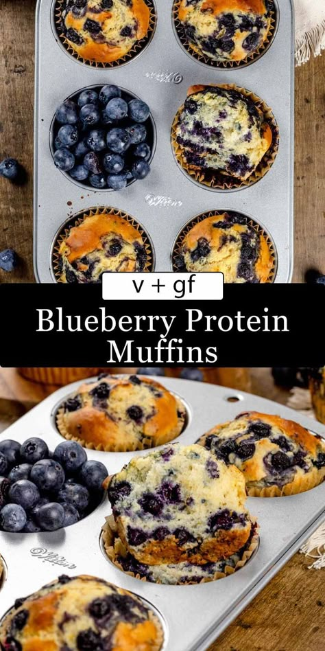 A silver muffin tray is filled with freshly baked homemade blueberry protein muffins. Fresh blueberries and more muffins surround the tray as it sits on a wood kitchen table. Blueberry Protein Muffins, Vegan Blueberry Muffins, Dairy Free Protein, Gluten Free Protein, Dairy Free Breakfasts, Protein Muffins, Protein Desserts, Quick Snack, Free Snacks