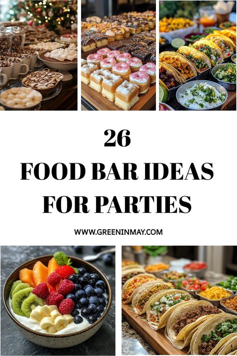 Planning a party and need a fun food setup? These 29 food bar ideas for parties are sure to be a hit with guests! From taco bars to dessert stations, these easy party food ideas make hosting a breeze. Plus, you'll find cheap, easy party food options perfect for feeding a crowd. Cookie Bar For Party, Food For Parties Buffet, Dessert And Drinks Party Ideas, Buffet Style Party Food Bar Ideas, Easy Snack Bar Ideas, Self Serve Food Bar Ideas, Corporate Buffet Food Displays, Good Bar Ideas, Food Bar For Parties