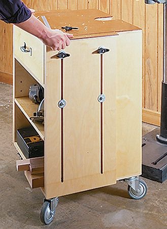 Drill Press Storage Cart | Woodworking Project | Woodsmith Plans Drill Press Cabinet Plans, Drill Press Storage, Drill Press Cabinet, Drill Press Station, Woodworking Drill Press, Drill Press Stand, Woodsmith Plans, Press Table, Machine Storage