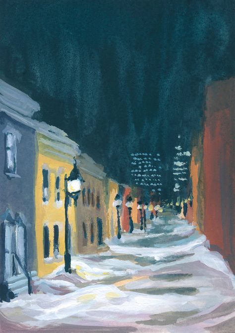 Winter Magic: Paintings of Montreal in the Snow - Painted Stories – creative discovery, paying attention to detail, noticing details quotes, gratitude, awareness, mindfulness, mindfulness activities, being mindful how to for artists, artists and makers, being present, mont-royal, city lights, winter night, montreal, plateau mont-royal, snow, snowscape, snow scene, winter painting, winter cityscapes, urban landscapes, city street, hidden street, houses, colour mixing, painting gallery Mont Royal Montreal, Winter City, Plant Art Print, Street Painting, Painting Snow, City Painting, Architecture Painting, Winter Painting, Of Montreal