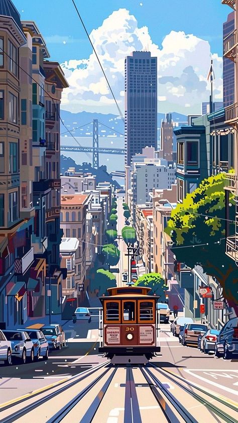 San Francisco Illustration Art, Cityscapes Drawing, City Scape Illustration, San Francisco Drawing, San Francisco Illustration, City Animation, San Francisco Painting, San Francisco Wallpaper, Cityscape Illustration