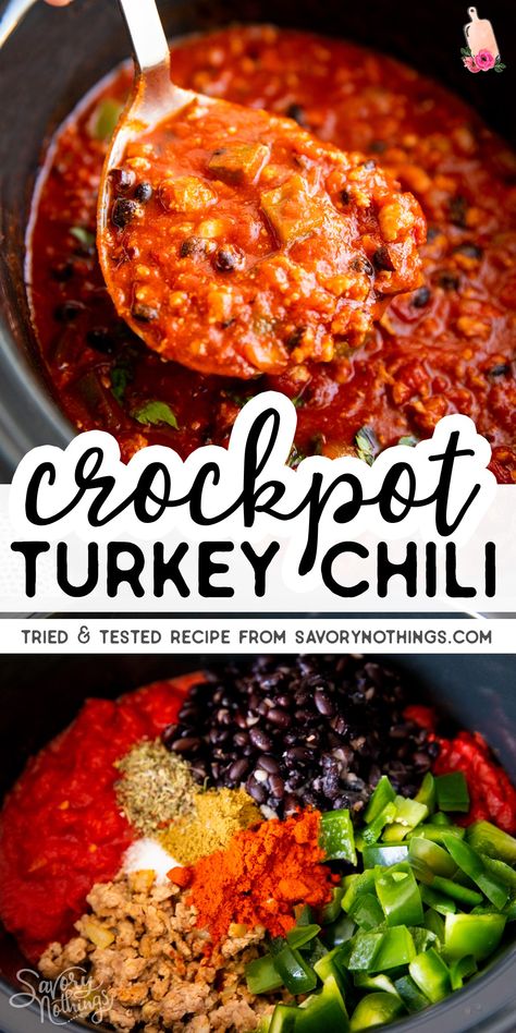 This is seriously the best healthy turkey chili! Very little prep, then quick and easy to make/dump and go. We serve it with honey cornbread, soooo good! #healthyfood #healthyrecipes #slowcooker #crockpot #crockpotrecipes #healthydinner #cleaneating Low Carb Turkey Chili Crock Pot, Crockpot Turkey Chili Recipe Easy, Easy Healthy Chili Crockpot, Chili Recipe Crockpot Turkey, Smoked Turkey Chili, Slow Cooker Chili Turkey, Ground Chicken Chili Crockpot, Healthy Turkey Chili Crockpot, Ground Turkey Chili Crockpot