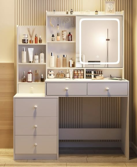 A must have white makeup vanity! Vanity Ideas With Storage, Vanity With Shelves On Side, Make Up Table Ideas, Vanity With Lots Of Storage, Vanity With Shelves, Cool Vanity, Vanity With Led Mirror, Vanity With Shelf, Vanity Decoration