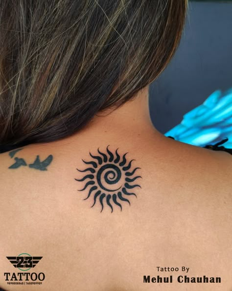 #tattoo #suntattoos #tattooforwomen #tattoodesign #tattooideas #sun tattoo inspiration #23tattoomehsana#mehsana #blackdroptattoo #chandkheda Neck Tats, Dreamcatcher Diy, Girl Shoulder Tattoos, Mantra Tattoo, Sun Tattoo Designs, Full Arm Tattoos, Small Pretty Tattoos, Tasteful Tattoos, Neck Tattoos