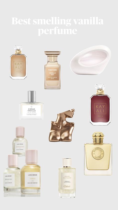 #Pinterest #perfume #vanilla #scent Hair Perfume Vanilla, Women Perfume Collection, Vanilla Skin Perfume, Best Gourmand Fragrances, Designer Perfume Aesthetic, Clean Scent Perfume For Women, Best Scent Combos Vanilla, Best Perfume Combos, Vanilla Perfume Combo