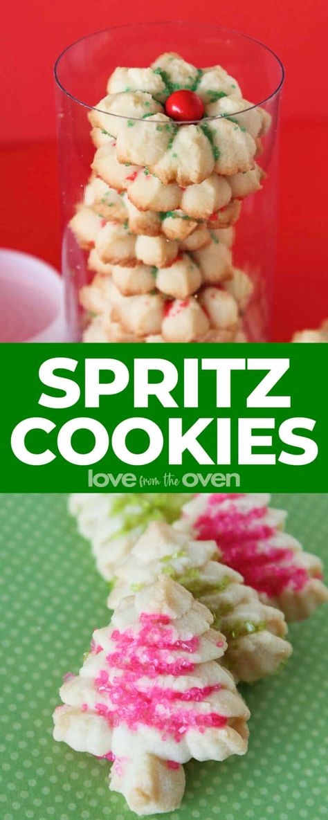 Spritz Cookies • Love From The Oven Beautiful Christmas Cookies, Chocolate Spritz Cookies, Spritz Cookie Press, Christmas Spritz Cookies, Cookie Platters, Cookies Love, Spritz Cookie Recipe, Butter Cookies Easy, Love From The Oven